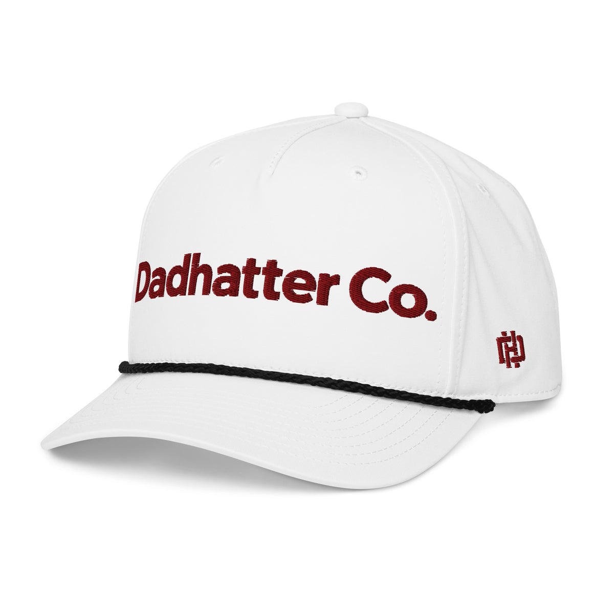 White and black Dadhatter Signature Rope Hat, left front view